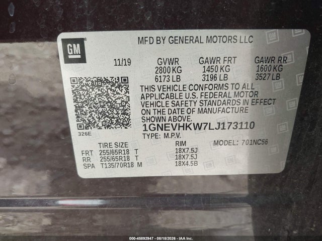 Aukcja sprzedaży 2020 Chevrolet Traverse Awd Lt Leather, vin: 1GNEVHKW7LJ173110, numer aukcji: 45892947