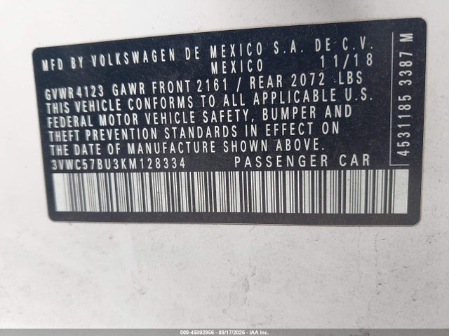 Aukcja sprzedaży 2019 Volkswagen Jetta 1.4t R-line/1.4t S/1.4t Se, vin: 3VWC57BU3KM128334, numer aukcji: 45892956
