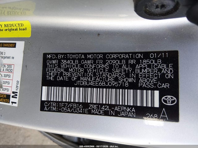 2011 Toyota Corolla Le მანქანა იყიდება აუქციონზე, vin: JTDBU4EE6BJ095718, აუქციონის ნომერი: 45892966