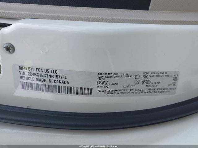 Продажа на аукционе авто 2022 Chrysler Pacifica Touring L, vin: 2C4RC1BG7NR157794, номер лота: 45892969