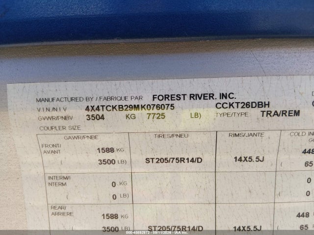 2021 Forest River Other მანქანა იყიდება აუქციონზე, vin: 4X4TCKB29MK076075, აუქციონის ნომერი: 45892972