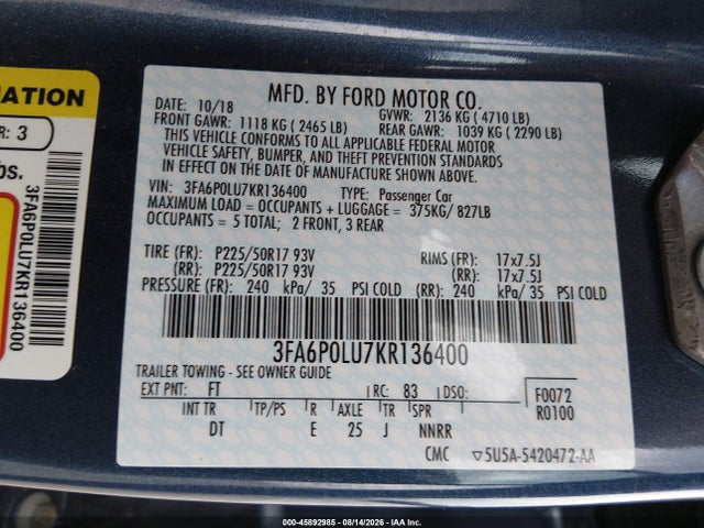 2019 Ford Fusion Hybrid Se მანქანა იყიდება აუქციონზე, vin: 3FA6P0LU7KR136400, აუქციონის ნომერი: 45892985
