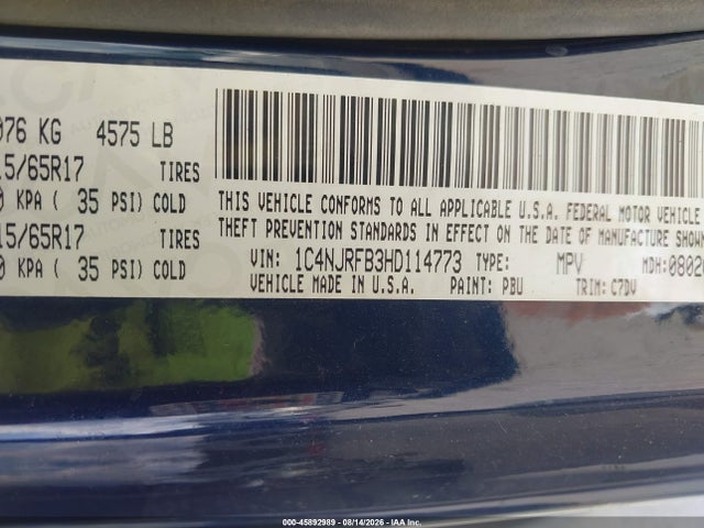 Продаж на аукціоні авто 2017 Jeep Patriot Latitude, vin: 1C4NJRFB3HD114773, номер лоту: 45892989
