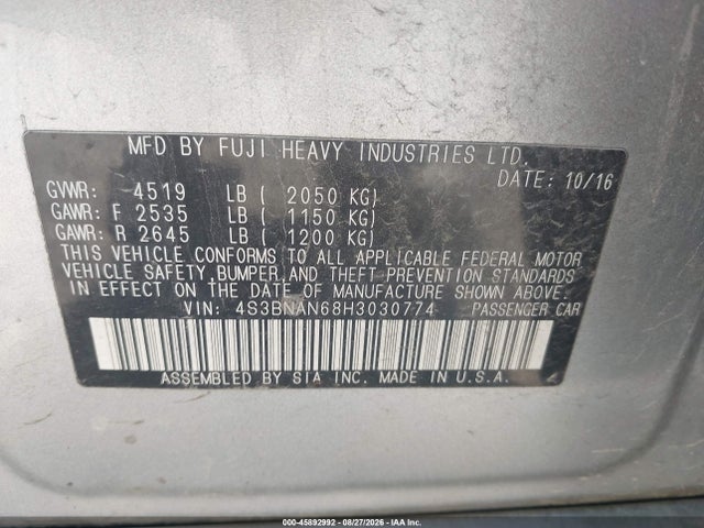 Aukcja sprzedaży 2017 Subaru Legacy 2.5i Limited, vin: 4S3BNAN68H3030774, numer aukcji: 45892992