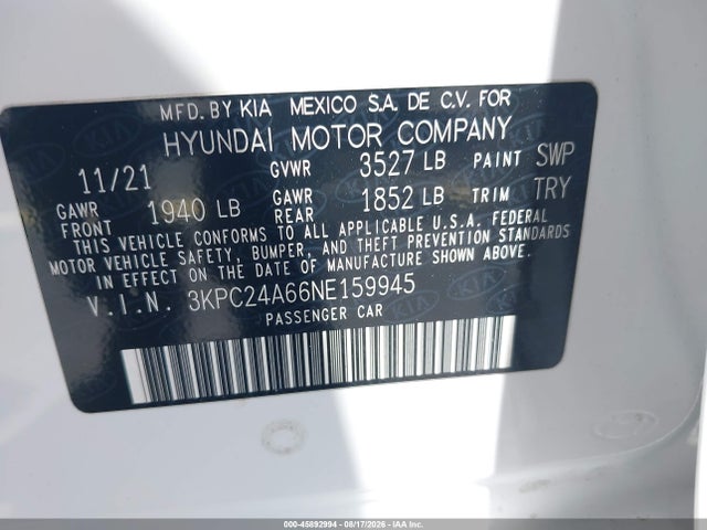 Aukcja sprzedaży 2022 Hyundai Accent Se, vin: 3KPC24A66NE159945, numer aukcji: 45892994
