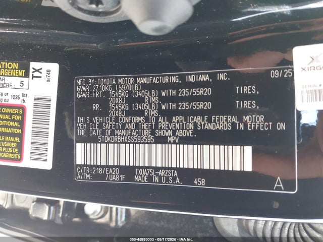 Aukcja sprzedaży 2025 Toyota Highlander Xse, vin: 5TDKDRBHXSS593595, numer aukcji: 45893003