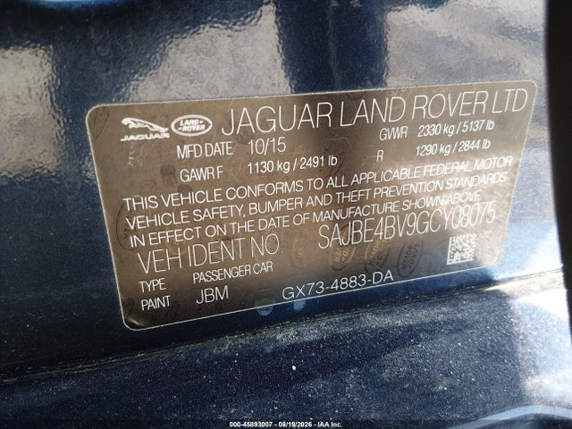 Продаж на аукціоні авто 2016 Jaguar Xf 35t Prestige, vin: SAJBE4BV9GCY08075, номер лоту: 45893007
