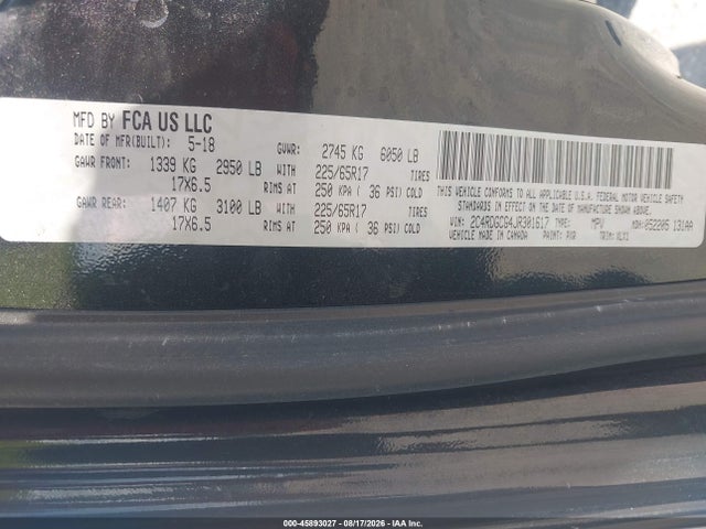 45893027 :رقم المزاد ، 2C4RDGCG4JR301617 vin ، 2018 Dodge Grand Caravan Sxt مزاد بيع