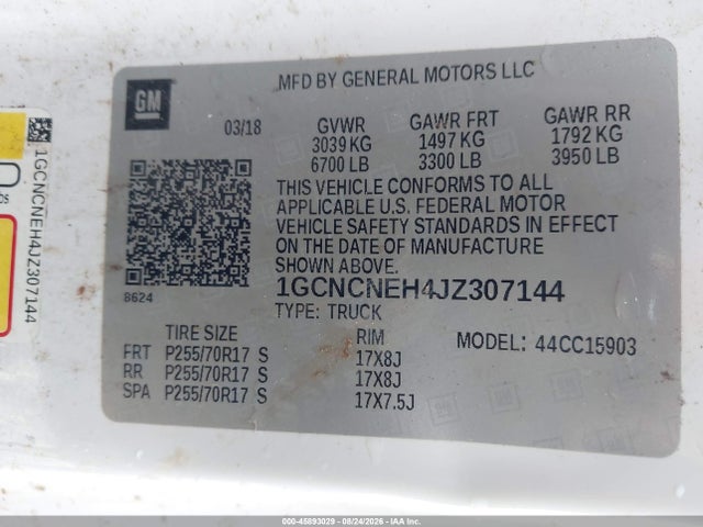 Aukcja sprzedaży 2018 Chevrolet Silverado 1500 Wt, vin: 1GCNCNEH4JZ307144, numer aukcji: 45893029