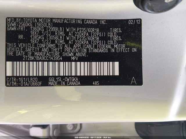 Aukcja sprzedaży 2012 Lexus Rx 350, vin: 2T2BK1BA9CC143954, numer aukcji: 45893030