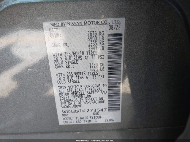 Продаж на аукціоні авто 2022 Nissan Pathfinder Sl 2wd, vin: 5N1DR3CA7NC273547, номер лоту: 45893037