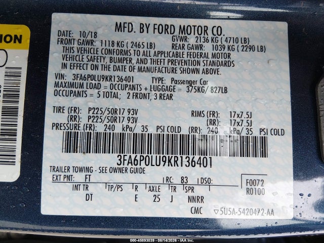 2019 Ford Fusion Hybrid Se მანქანა იყიდება აუქციონზე, vin: 3FA6P0LU9KR136401, აუქციონის ნომერი: 45893039