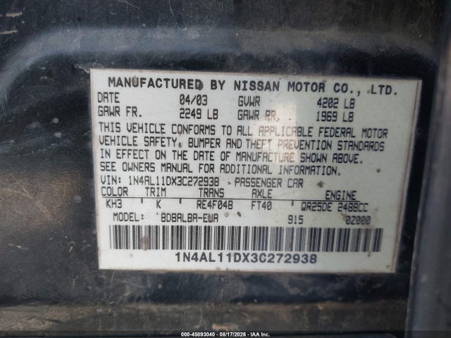 2003 Nissan Altima 2.5 S მანქანა იყიდება აუქციონზე, vin: 1N4AL11DX3C272938, აუქციონის ნომერი: 45893040