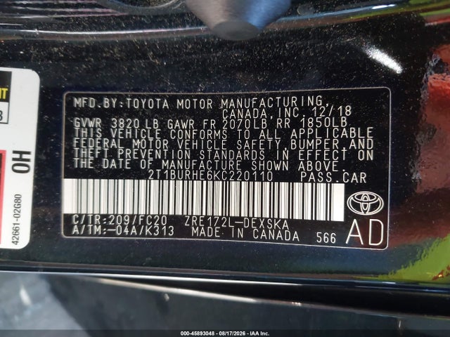 45893048 :رقم المزاد ، 2T1BURHE6KC220110 vin ، 2019 Toyota Corolla Se مزاد بيع
