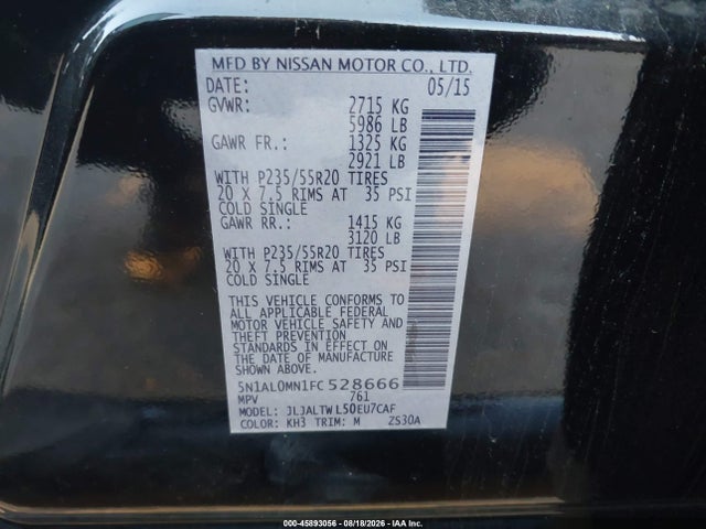 Продажа на аукционе авто 2015 Infiniti Qx60, vin: 5N1AL0MN1FC528666, номер лота: 45893056