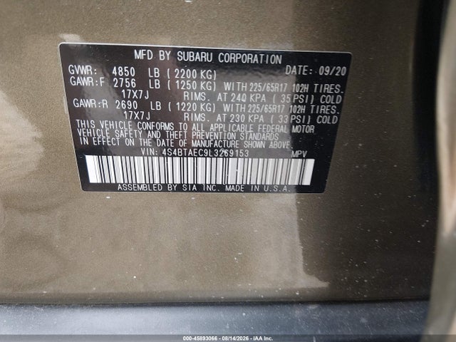 Продажа на аукционе авто 2020 Subaru Outback Premium, vin: 4S4BTAEC9L3269153, номер лота: 45893066