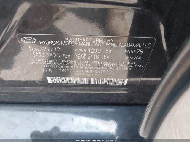 2013 Hyundai Sonata Limited მანქანა იყიდება აუქციონზე, vin: 5NPEC4AC9DH651536, აუქციონის ნომერი: 45893068