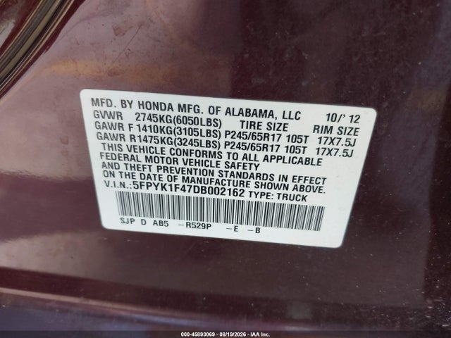 Aukcja sprzedaży 2013 Honda Ridgeline Rts, vin: 5FPYK1F47DB002162, numer aukcji: 45893069