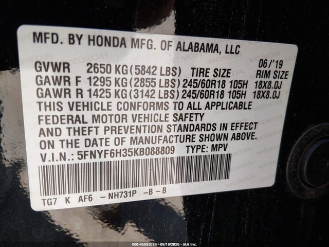 Продажа на аукционе авто 2019 Honda Pilot Ex, vin: 5FNYF6H35KB088809, номер лота: 45893074