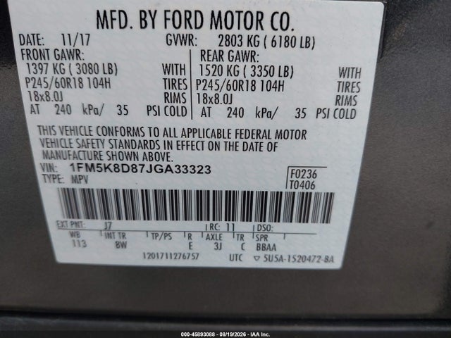 Продаж на аукціоні авто 2018 Ford Explorer Xlt, vin: 1FM5K8D87JGA33323, номер лоту: 45893088