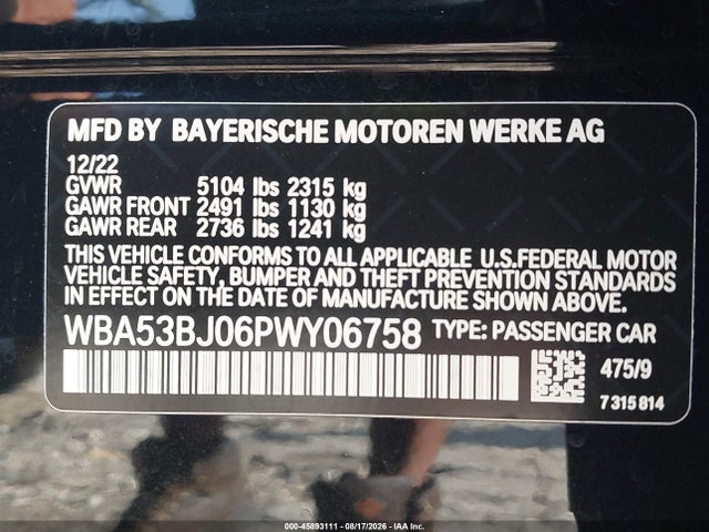 Aukcja sprzedaży 2023 Bmw 540 I, vin: WBA53BJ06PWY06758, numer aukcji: 45893111