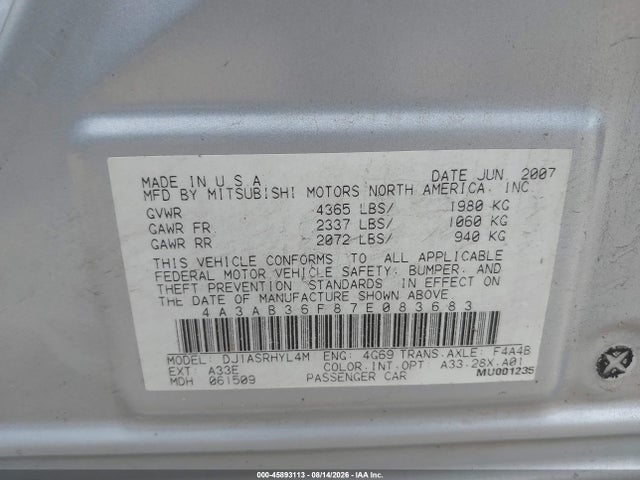 Aukcja sprzedaży 2007 Mitsubishi Galant Es/se, vin: 4A3AB36F87E083683, numer aukcji: 45893113