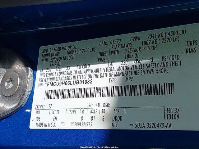 Продаж на аукціоні авто 2020 Ford Escape Sel, vin: 1FMCU9H66LUB01082, номер лоту: 45893128