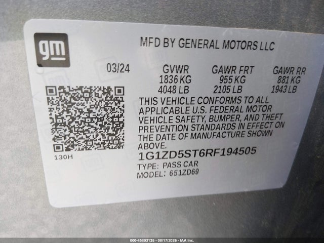 1G1ZD5ST6RF194505 Chevrolet Malibu Fwd 1lt