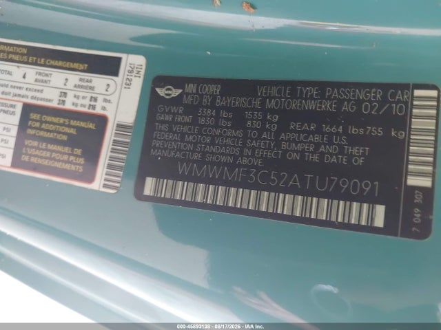 Продажа на аукционе авто 2010 Mini Cooper, vin: WMWMF3C52ATU79091, номер лота: 45893138