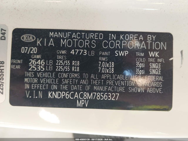 45893139 :رقم المزاد ، KNDP6CAC8M7856327 vin ، 2021 Kia Sportage S مزاد بيع