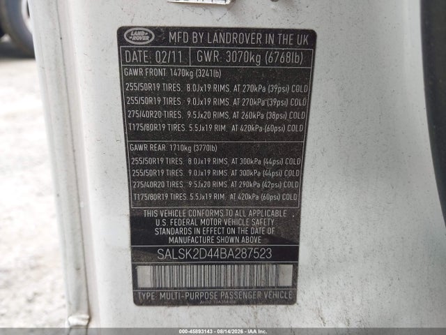 Продажа на аукционе авто 2011 Land Rover Range Rover Sport Hse, vin: SALSK2D44BA287523, номер лота: 45893143