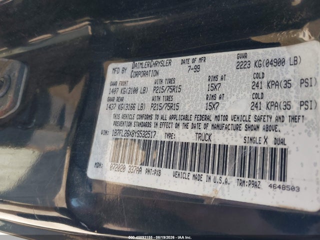 Aukcja sprzedaży 2000 Dodge Dakota Slt/sport, vin: 1B7FL26X8YS532517, numer aukcji: 45893155