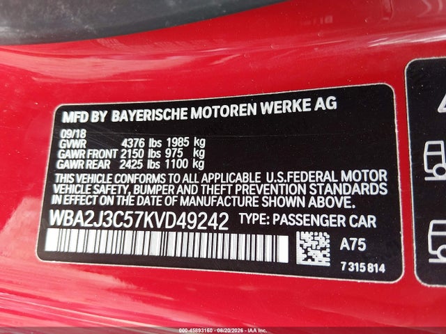 2019 Bmw 230i Xdrive მანქანა იყიდება აუქციონზე, vin: WBA2J3C57KVD49242, აუქციონის ნომერი: 45893160