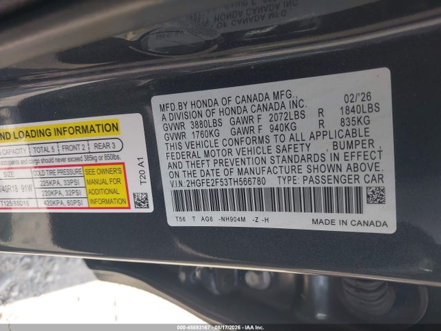 2026 Honda Civic Sport მანქანა იყიდება აუქციონზე, vin: 2HGFE2F53TH566780, აუქციონის ნომერი: 45893167