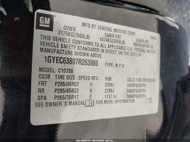 Aukcja sprzedaży 2007 Cadillac Escalade, vin: 1GYEC63807R263980, numer aukcji: 45893173