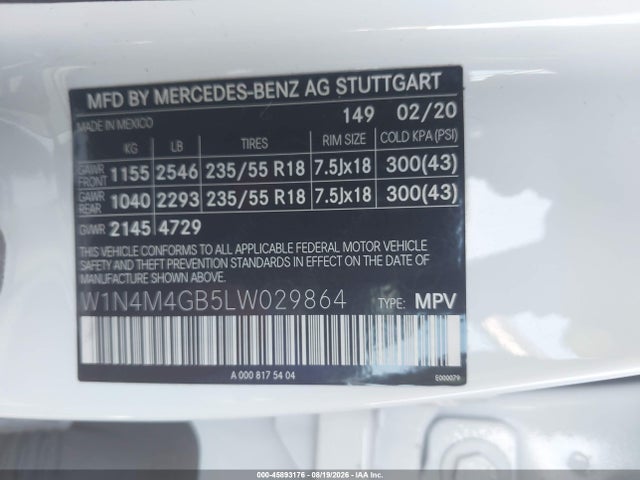 Aukcja sprzedaży 2020 Mercedes-benz Glb 250, vin: W1N4M4GB5LW029864, numer aukcji: 45893176