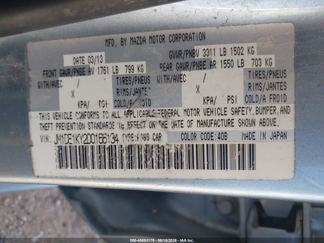 Aukcja sprzedaży 2013 Mazda Mazda2 Sport, vin: JM1DE1KY2D0166134, numer aukcji: 45893179