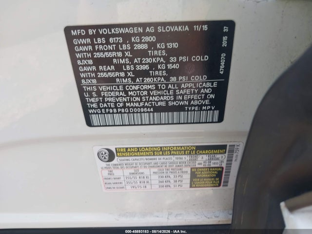 Продаж на аукціоні авто 2016 Volkswagen Touareg Sport W/technology, vin: WVGEF9BP8GD009644, номер лоту: 45893183