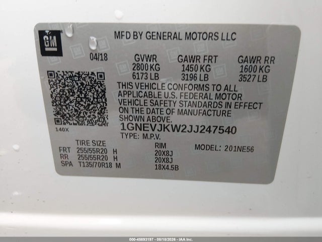 Aukcja sprzedaży 2018 Chevrolet Traverse Premier, vin: 1GNEVJKW2JJ247540, numer aukcji: 45893197