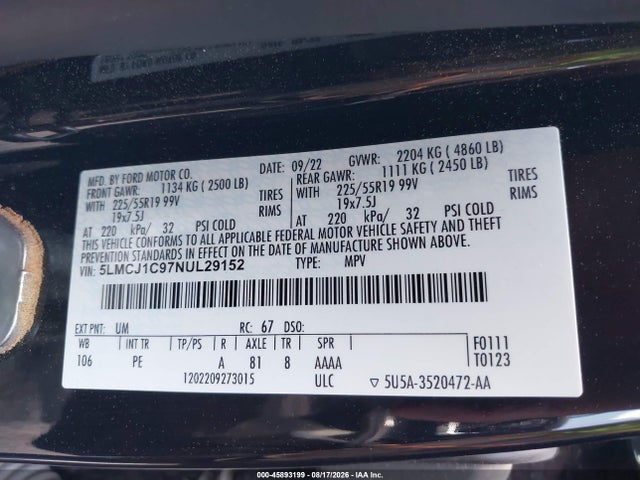 45893199 :رقم المزاد ، 5LMCJ1C97NUL29152 vin ، 2022 Lincoln Corsair Standard مزاد بيع