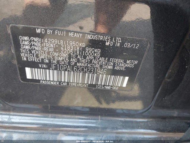 Aukcja sprzedaży 2012 Subaru Impreza 2.0i Sport Premium, vin: JF1GPAL62CH231946, numer aukcji: 45893217