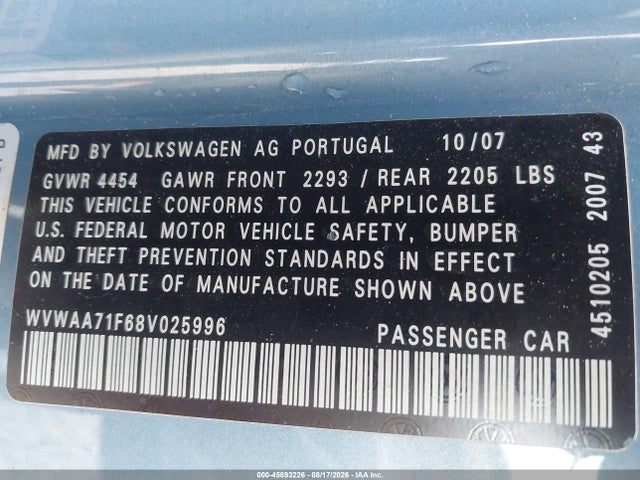 2008 Volkswagen Eos Komfort/turbo მანქანა იყიდება აუქციონზე, vin: WVWAA71F68V025996, აუქციონის ნომერი: 45893226