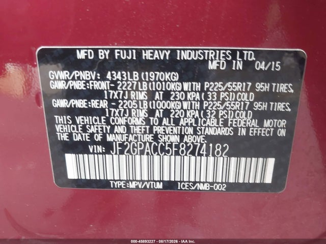 Aukcja sprzedaży 2015 Subaru Xv Crosstrek 2.0i Premium, vin: JF2GPACC5F8274182, numer aukcji: 45893227