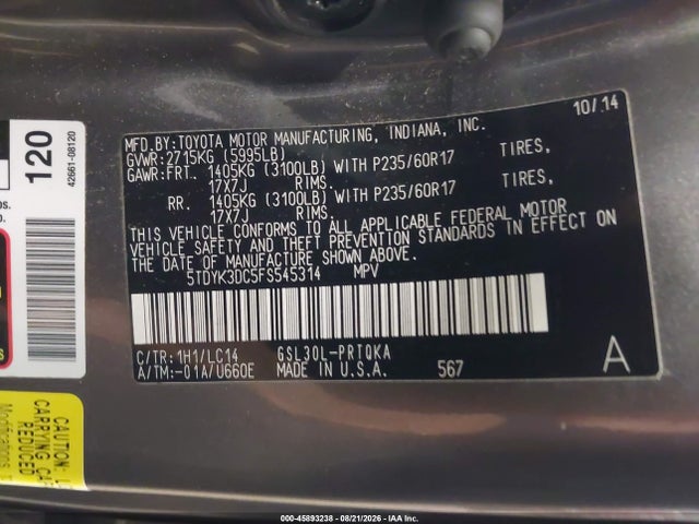 Продаж на аукціоні авто 2015 Toyota Sienna Xle 8 Passenger, vin: 5TDYK3DC5FS545314, номер лоту: 45893238