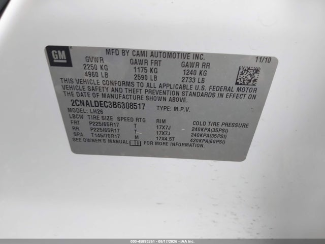 2011 Chevrolet Equinox Lt W/1lt მანქანა იყიდება აუქციონზე, vin: 2CNALDEC3B6308517, აუქციონის ნომერი: 45893261