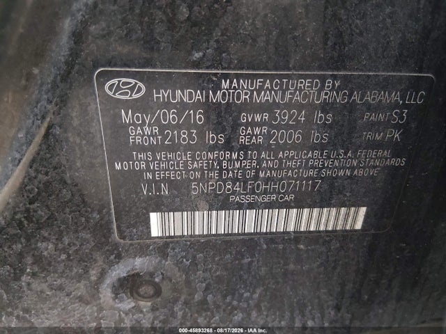 45893268 :رقم المزاد ، 5NPD84LF0HH071117 vin ، 2017 Hyundai Elantra Limited مزاد بيع