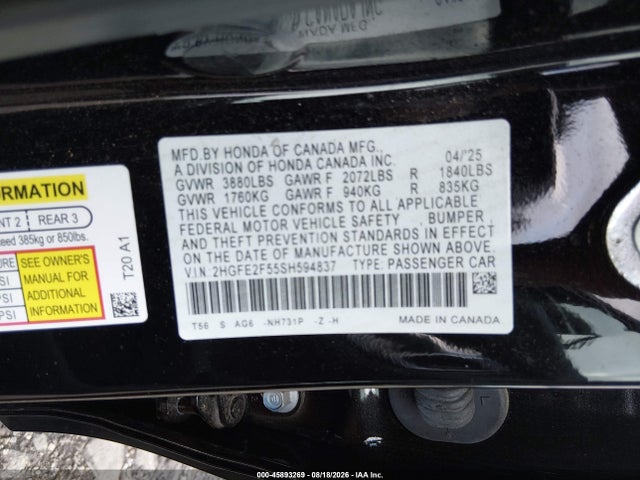45893269 :رقم المزاد ، 2HGFE2F55SH594837 vin ، 2025 Honda Civic Sport مزاد بيع