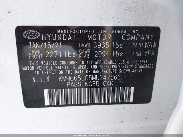 45893281 :رقم المزاد ، KMHC65LC5MU247863 vin ، 2021 Hyundai Ioniq Hybrid Blue مزاد بيع