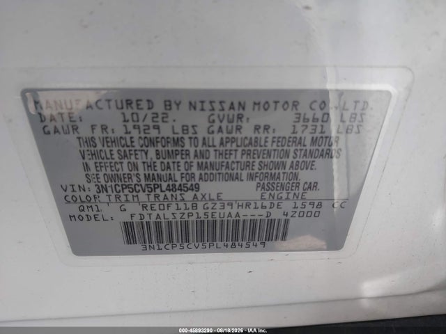 Aukcja sprzedaży 2023 Nissan Kicks Sv Xtronic Cvt, vin: 3N1CP5CV5PL484549, numer aukcji: 45893290