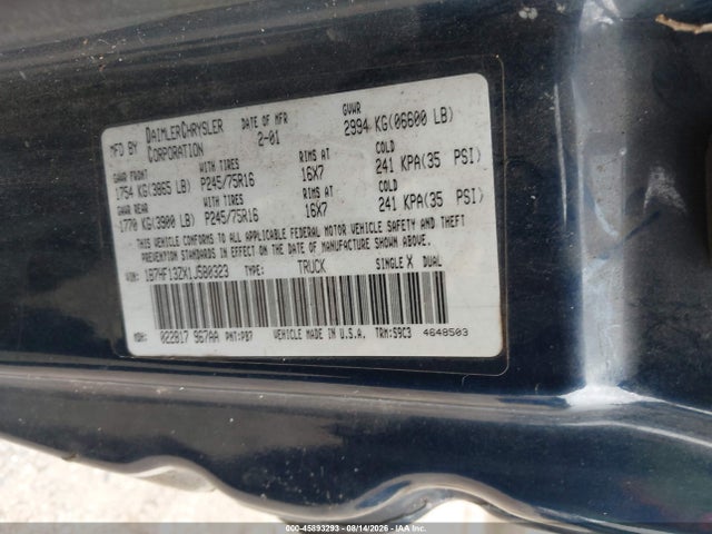 2001 Dodge Ram 1500 St მანქანა იყიდება აუქციონზე, vin: 1B7HF13ZX1J580323, აუქციონის ნომერი: 45893293